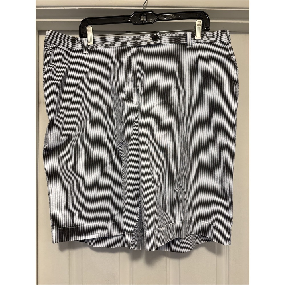 Lands' End Seersucker Shorts Striped Nautical Blue White Cotton Stretch Fit3 18W
